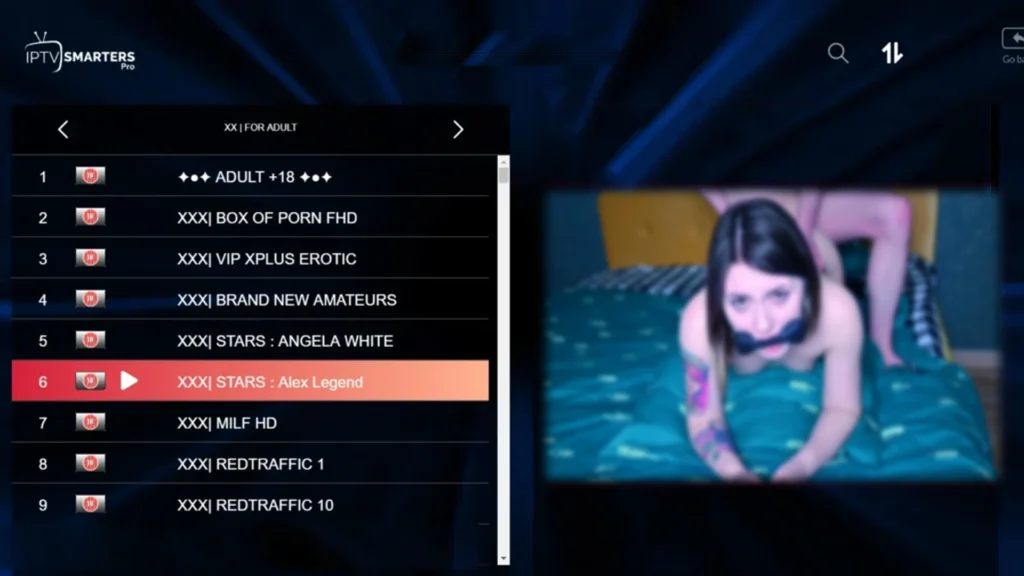 Adult IPTV XXX channels on IPTV Smarters Pro — live sex IPTV channel list including XXX MILF HD, Brand New Amateurs, and VIP Xplus Erotic