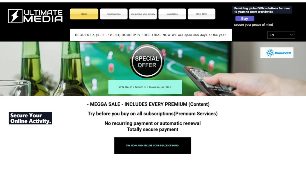 Ultimate Media Store adult IPTV provider free trial available, no recurring payment, secure billing with VPN protection