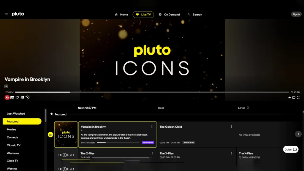 Pluto TV Home page