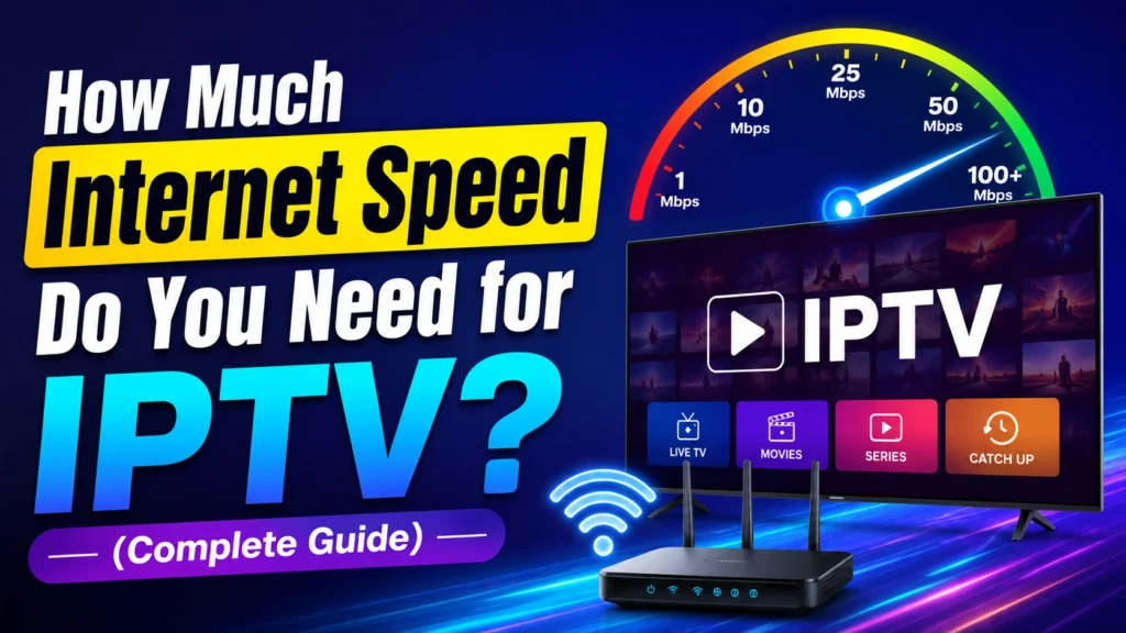 Infographic showing internet speed requirements for IPTV streaming, from 1 Mbps to 100+ Mbps, with a smart TV displaying live TV, movies, series, and catch-up options