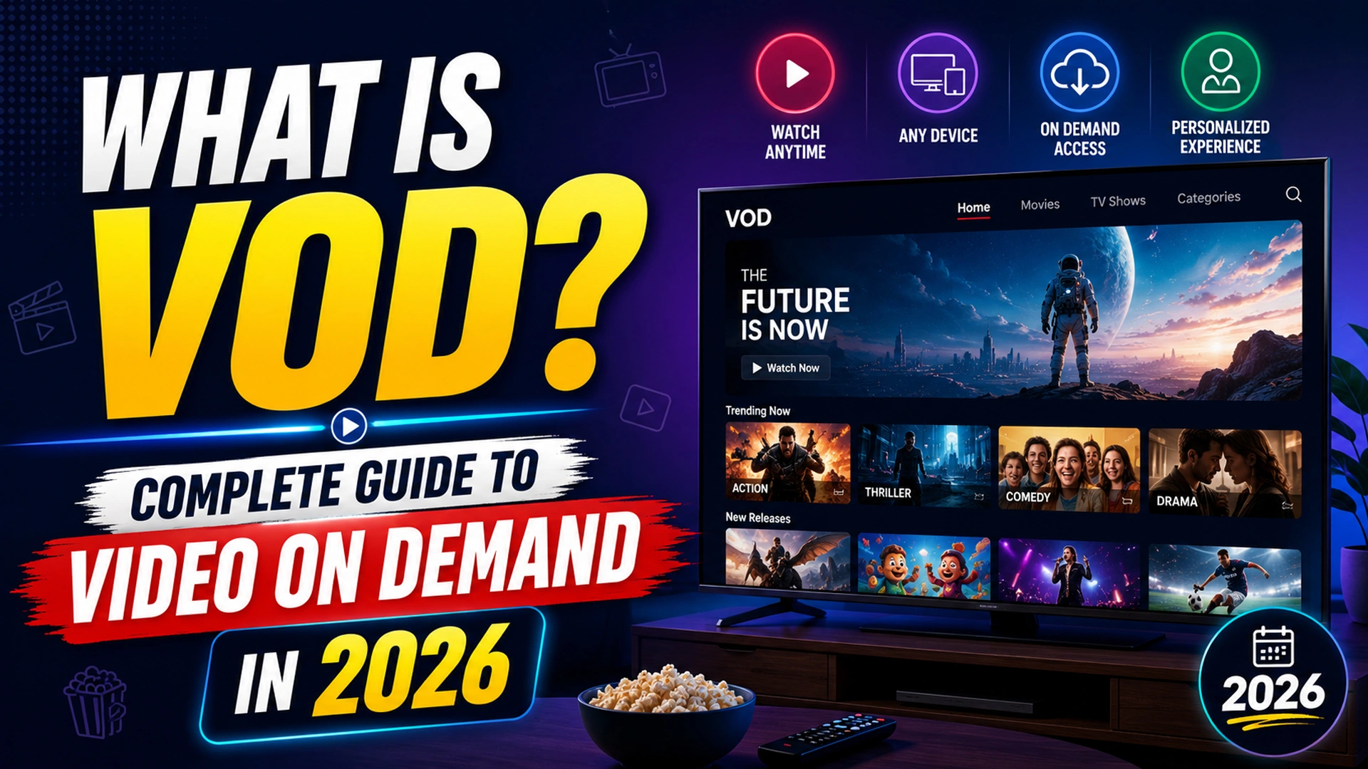 What is VOD - Complete Guide to Video on Demand in 2026 showing a smart TV with VOD streaming interface, movies, TV shows, and features like Watch Anytime, Any Device, On Demand Access, and Personalized Experience