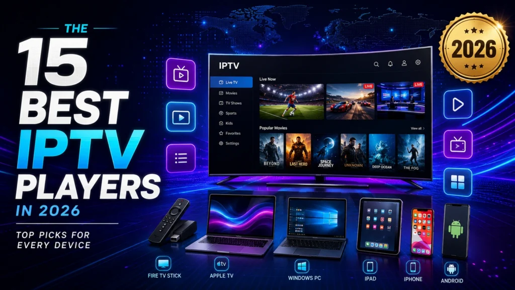 Best IPTV Players in 2026 featuring the top IPTV apps for Firestick, Android, Apple TV, Windows PC, iPhone, iPad, and Smart TVs.