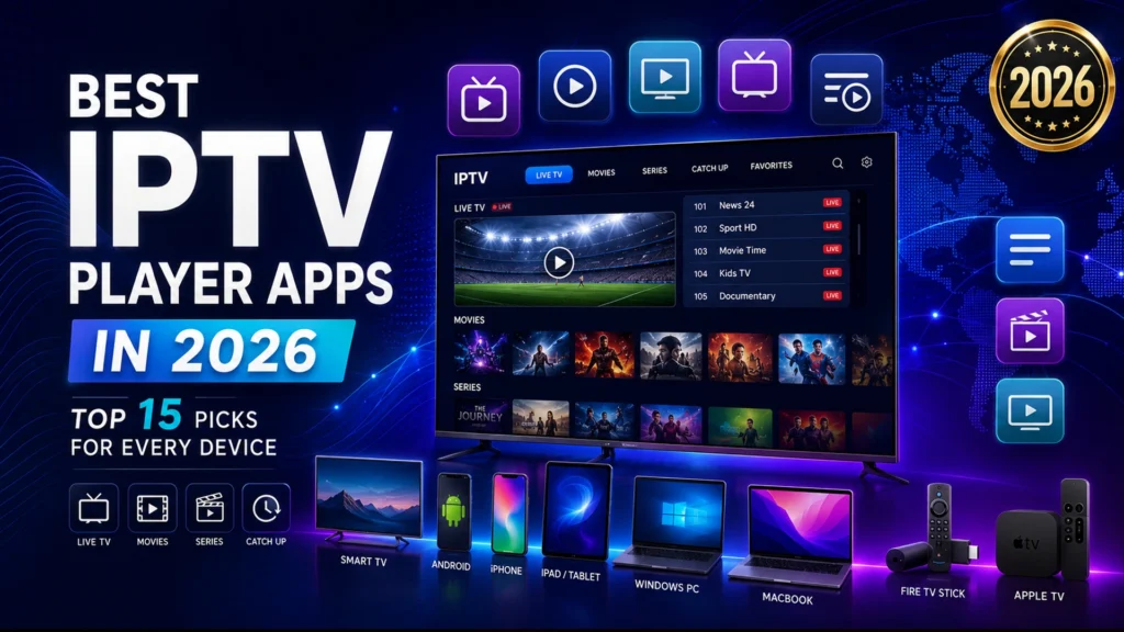 Best IPTV Players in 2026 featuring top IPTV apps for Android, Firestick, Smart TV, Windows, iPhone, iPad, MacBook, and Apple TV.