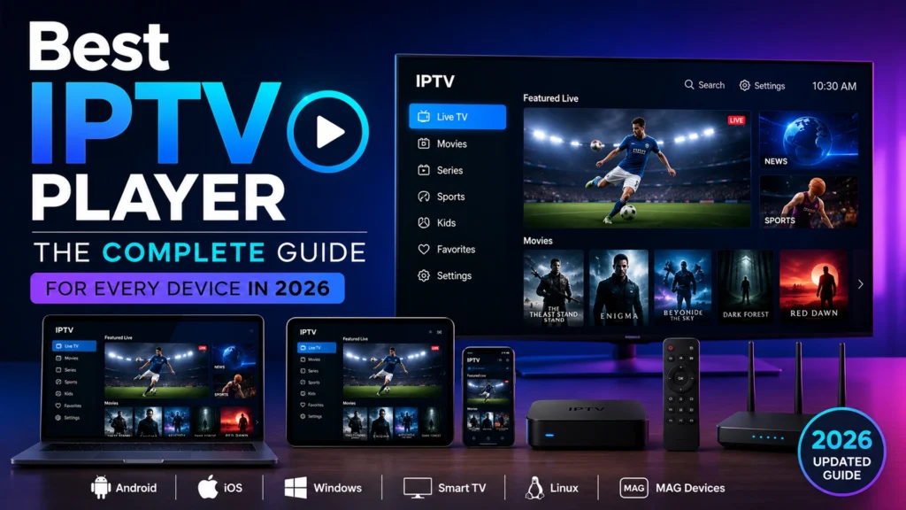 Best IPTV player 2026 guide showing live TV, movies, and sports streaming across Android, iOS, Windows, Smart TV, Linux, and MAG devices
