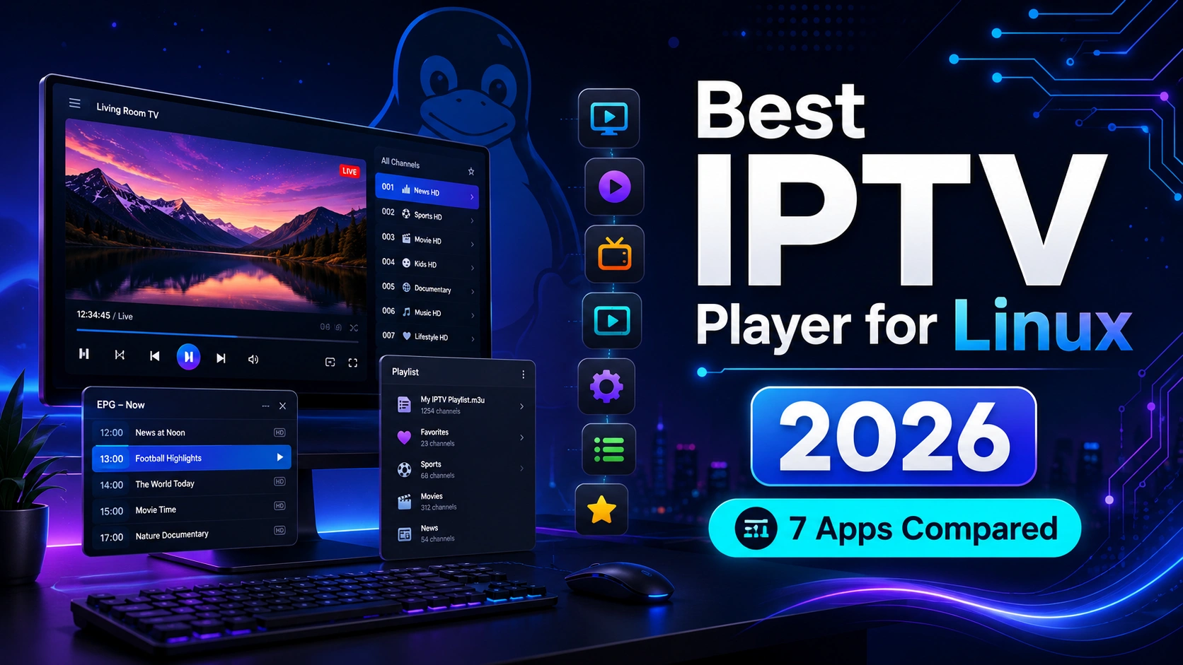 Best IPTV player for Linux in 2026 — Tux penguin with live TV, EPG, and M3U playlist interface, 7 apps compared