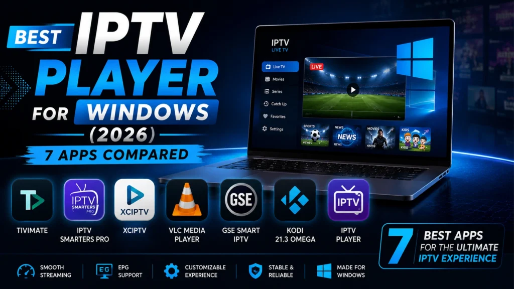 Best IPTV player for Windows 2026 — comparison of TiviMate, IPTV Smarters Pro, XCIPTV, VLC Media Player, GSE Smart IPTV, Kodi, and IPTV Player