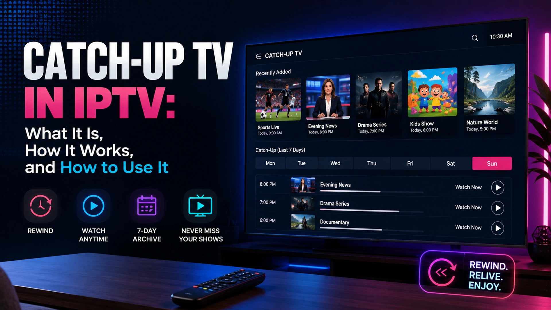 Catch-up TV in IPTV guide showing 7-day archive, recently added shows, and rewind feature on a smart TV interface
