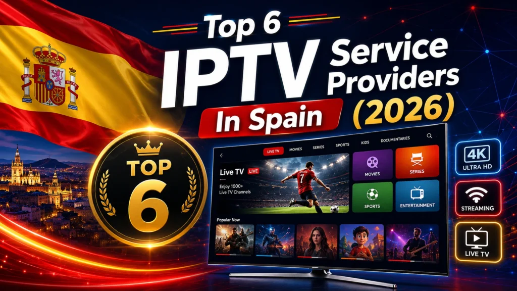 Top 6 IPTV service providers in Spain 2026 with Spanish flag and live TV screen showing sports, movies, and series