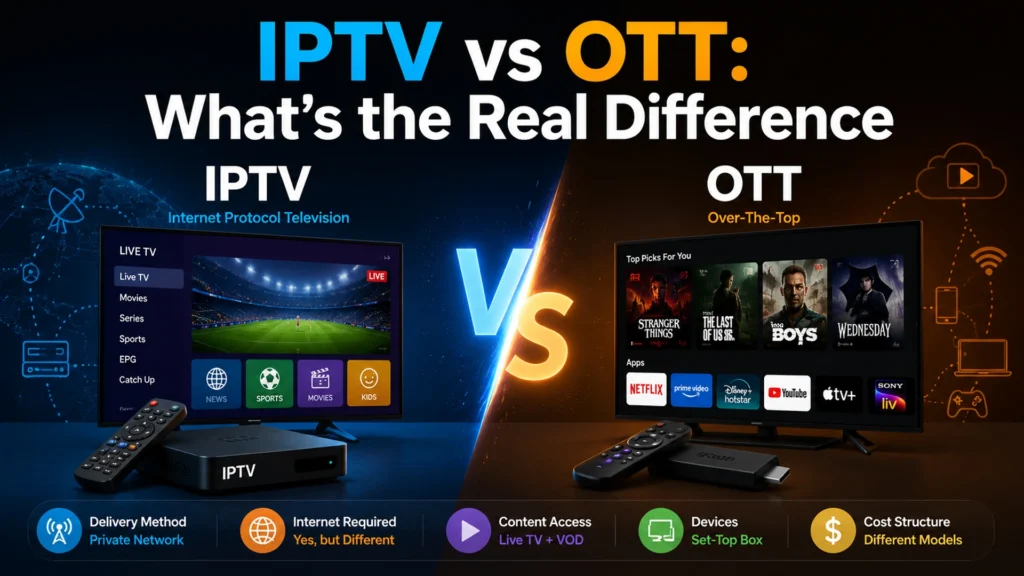 IPTV vs OTT comparison graphic showing a set-top box with live TV and sports on one side and a streaming stick with Netflix, Prime Video, and Disney+ apps on the other
