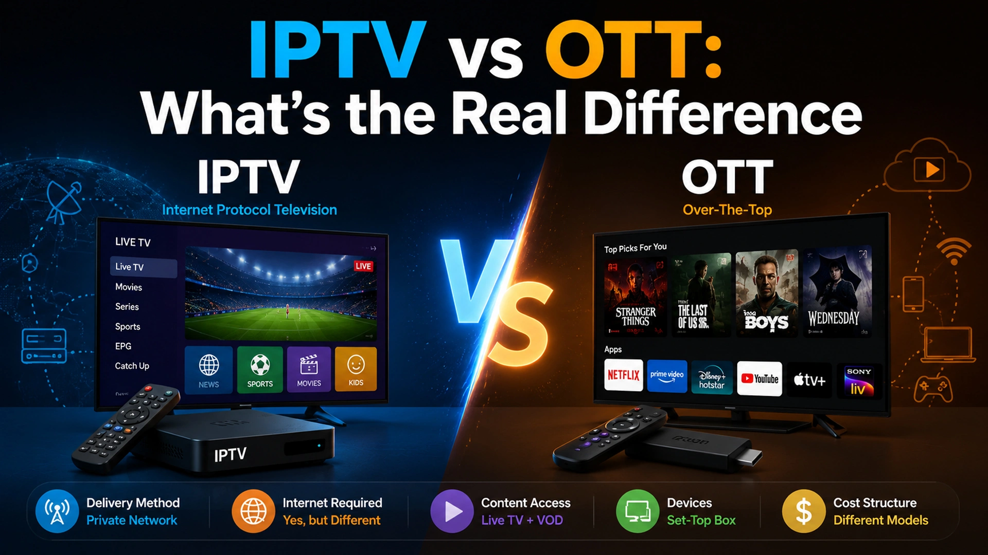 IPTV vs OTT comparison graphic showing a set-top box with live TV and sports on one side and a streaming stick with Netflix, Prime Video, and Disney+ apps on the other