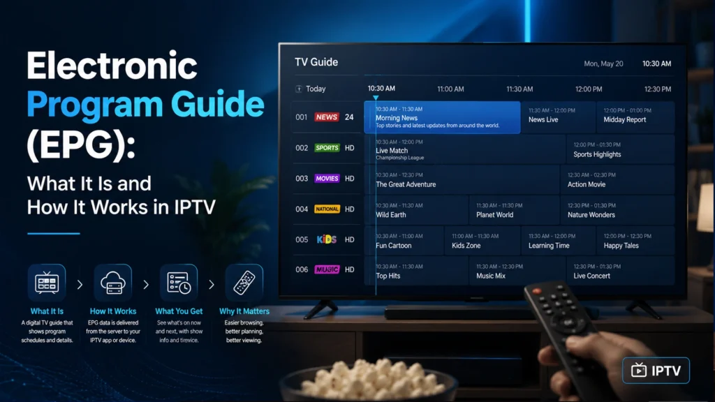 What is EPG - Electronic Program Guide showing TV schedule with live channels on IPTV interface