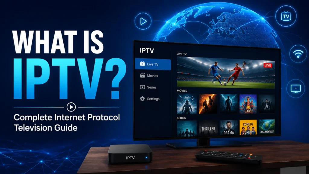 What is IPTV - complete Internet Protocol Television guide showing live TV, movies, and series on smart TV interface