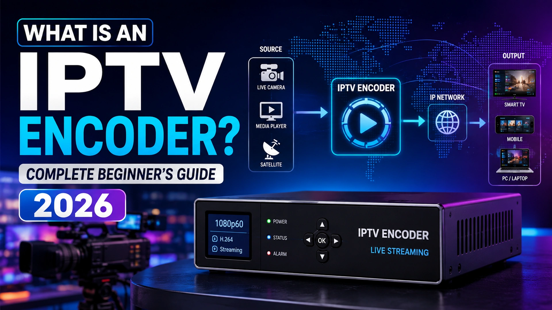 Diagram showing an IPTV encoder converting live camera, media player, and satellite sources into a stream for smart TV, mobile, and PC