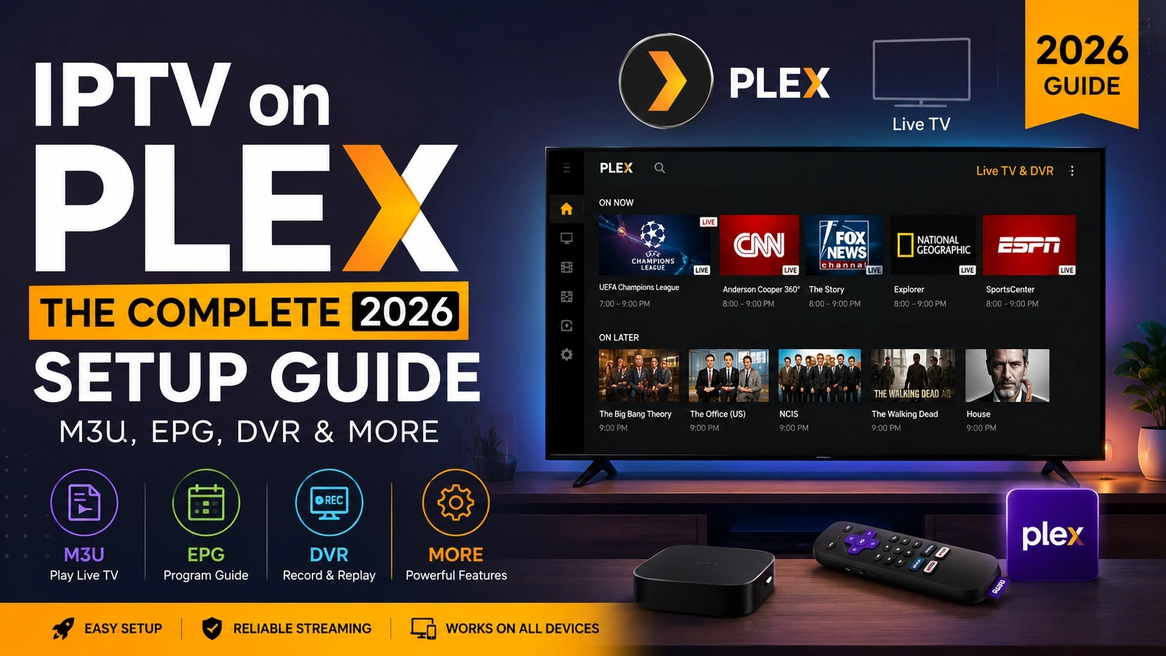 IPTV on Plex setup guide 2026 — Plex Live TV screen with live channels, EPG program guide, and DVR icons for M3U playlist setup