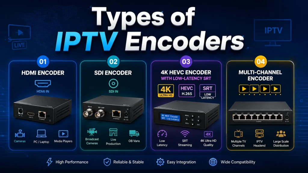 Four types of IPTV encoders compared: HDMI encoder, SDI encoder, 4K HEVC encoder with SRT, and multi-channel encoder