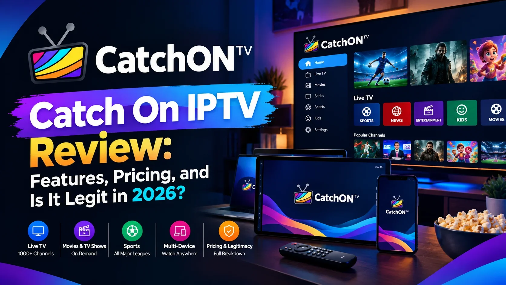 Catch On IPTV review cover image showing features, pricing, and legitimacy breakdown