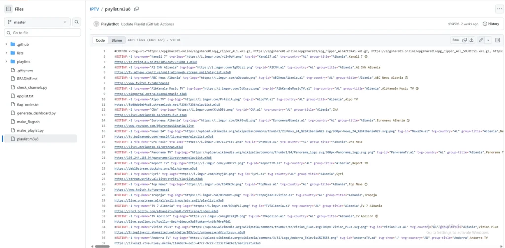 Screenshot showing the raw code of an IPTV M3U playlist file hosted on GitHub, featuring EXTINF tags and streaming links.