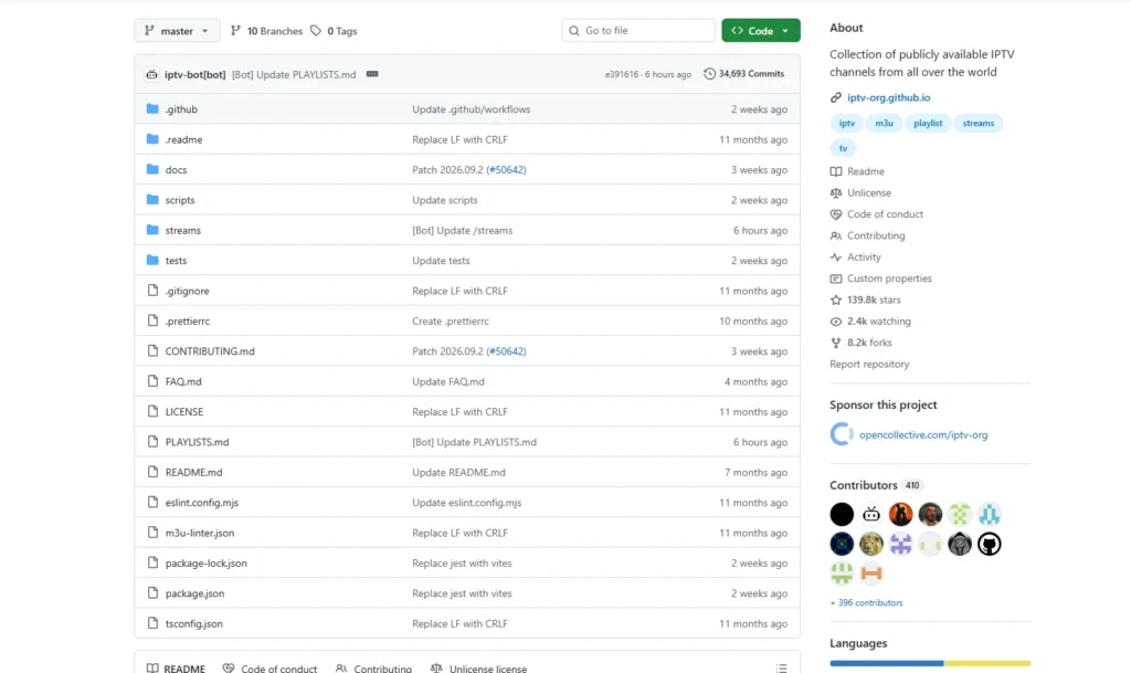 Screenshot of an IPTV repository on GitHub showing a collection of publicly available IPTV channels and project files.