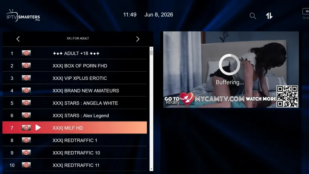 IPTV Smarters Pro interface displaying an active adult m3u playlist with numbered XXX channels