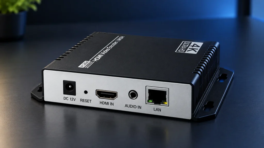 Compact H.264 HDMI to IPTV encoder with DC 12V power, reset, HDMI input, audio input and LAN port
