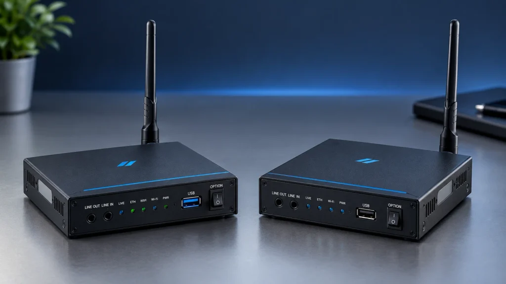Two HDMI IPTV encoders with Wi-Fi antennas, live status LEDs, line in and line out audio and USB ports
