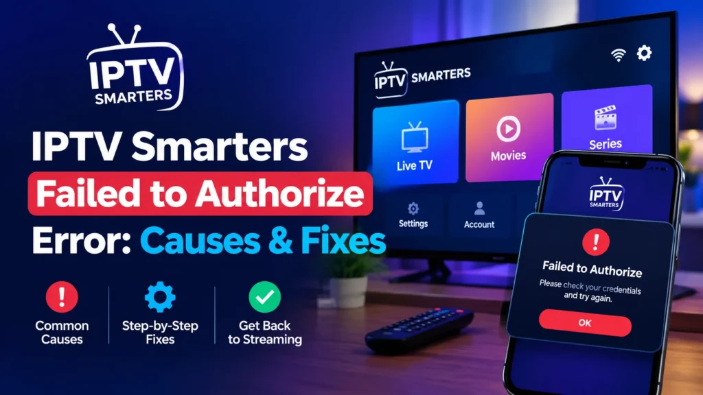 IPTV Smarters failed to authorize error message on a phone in front of a TV showing the IPTV Smarters home screen