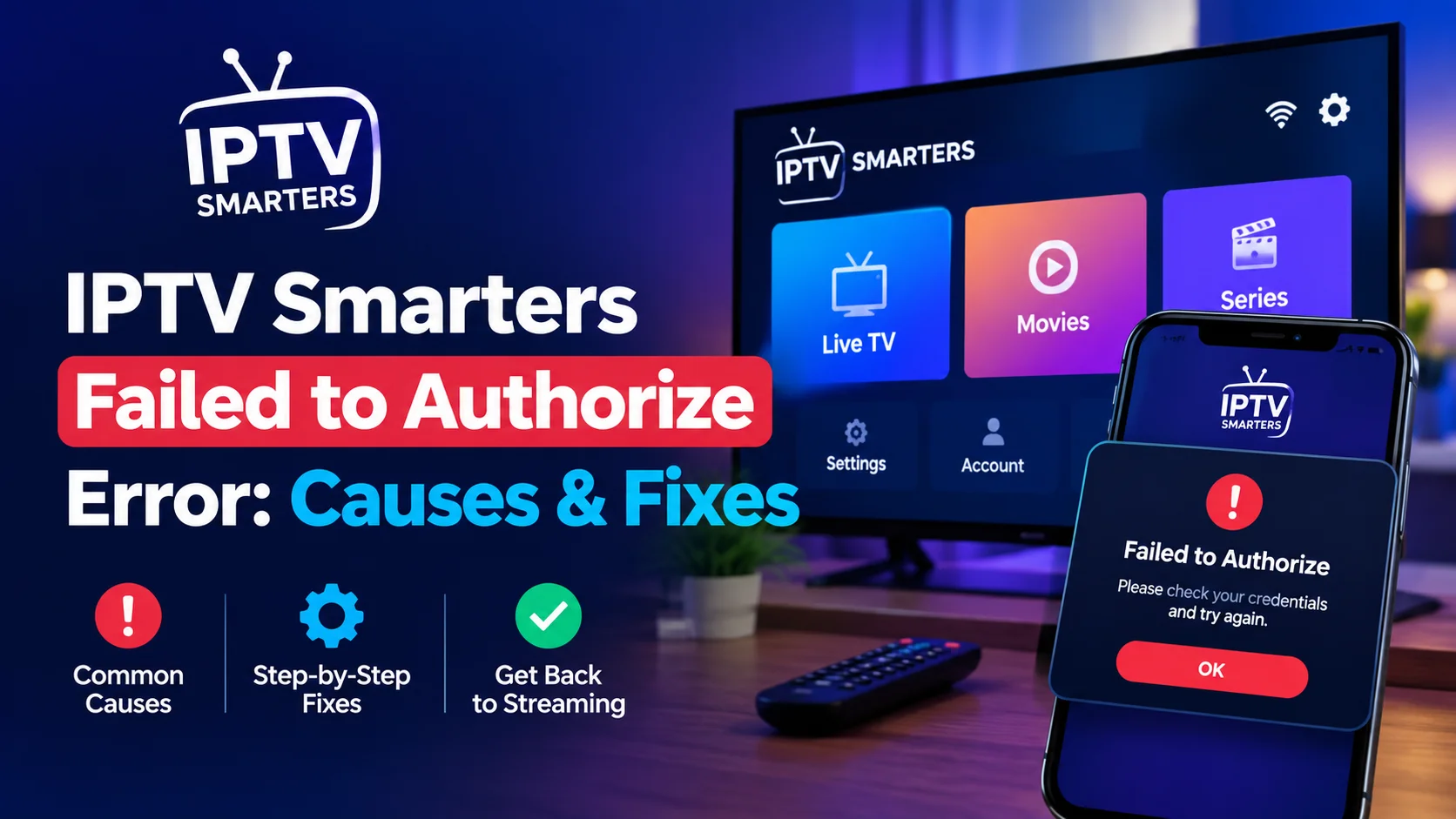 IPTV Smarters failed to authorize error message on a phone in front of a TV showing the IPTV Smarters home screen