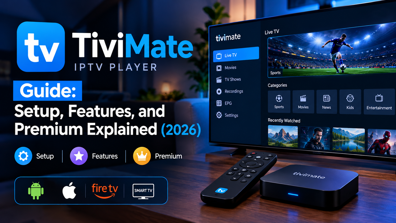 TiviMate IPTV player guide for 2026 showing the TiviMate app on a smart TV with a remote and streaming box