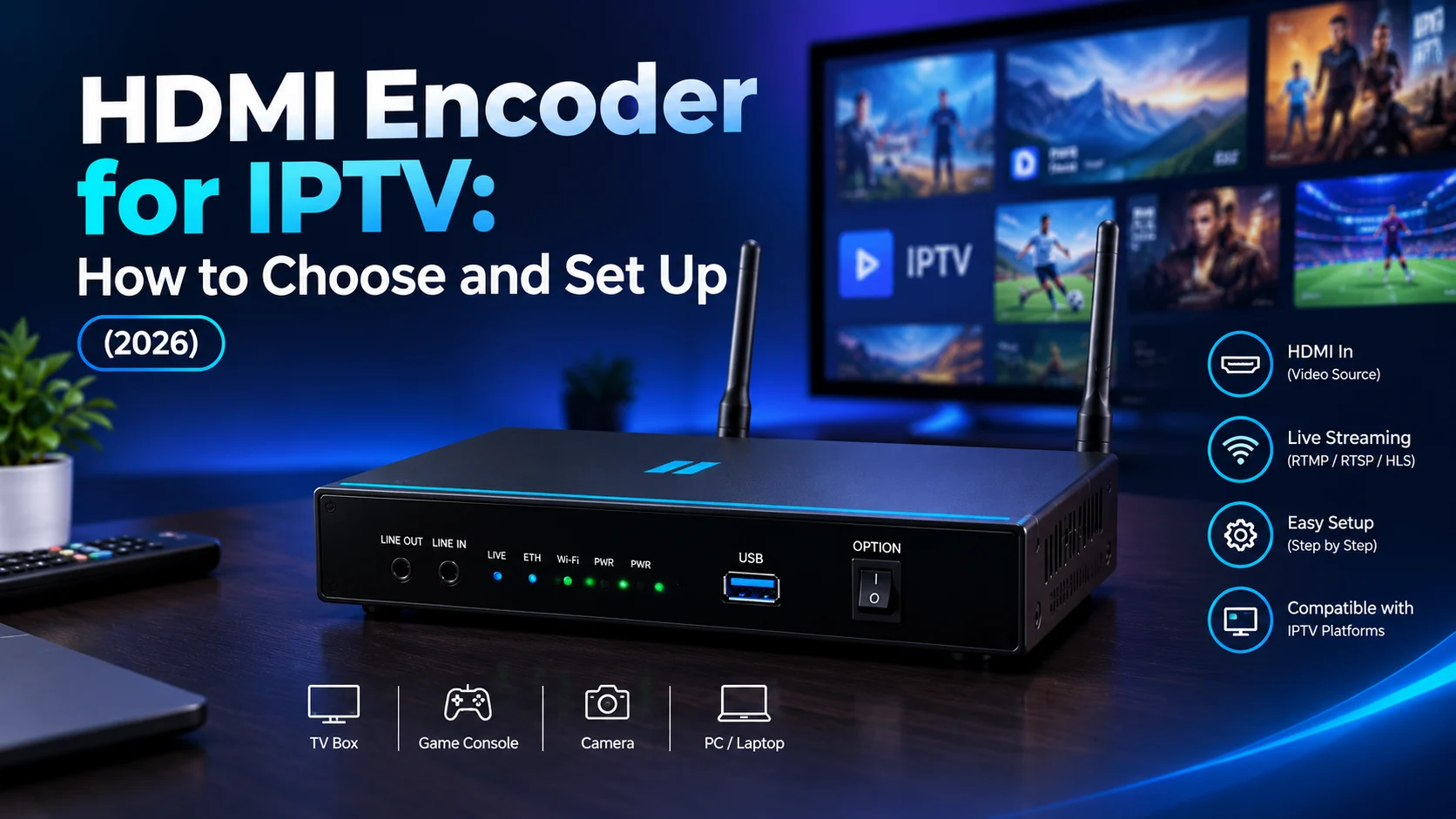 HDMI encoder for IPTV connected to a TV showing live channels, with TV box, game console, camera and PC as video sources