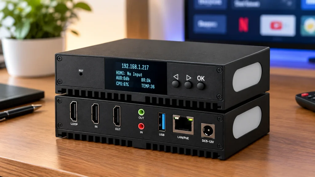HDMI encoder for IPTV with HDMI input, loop-out, HDMI output, audio, USB and LAN/PoE ports and an IP address display
