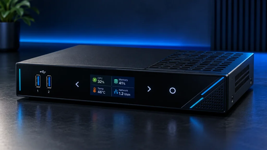 IPTV middleware server with front display showing CPU, memory, temperature and network usage